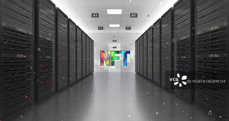数字加密艺术NFT符号在未来数据中心。图片素材