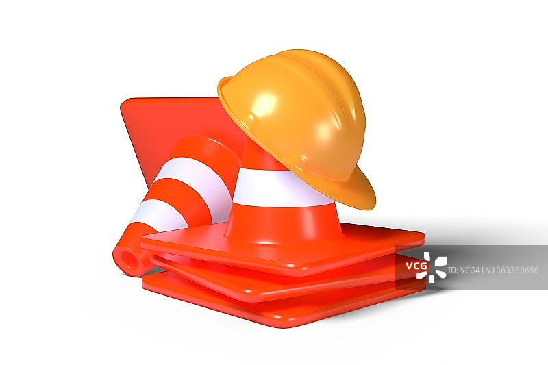 3d渲染插图橙色塑料交通锥和黄色工人帽孤立在白色背景上。现实的橙色道路锥体与条纹图标。建筑工人的头盔。保护建筑工人。图片素材