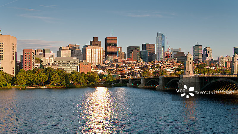 波士顿市中心和比肯山与阳光查尔斯河-空中图片素材