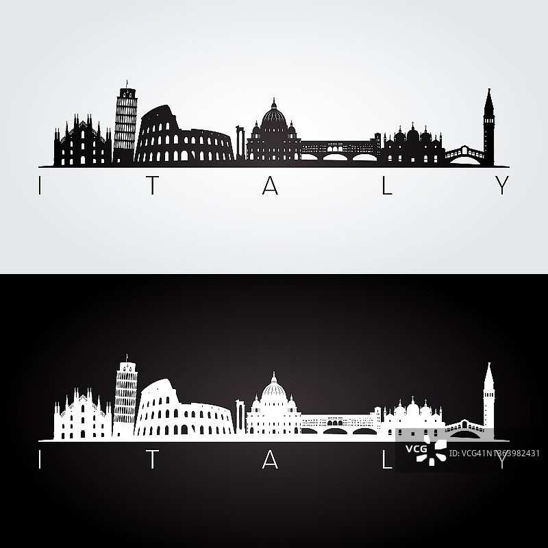 意大利天际线和地标剪影，黑白设计，矢量插图。图片素材