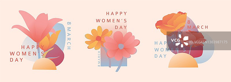 国际妇女节的现代旗帜。3月8日的传单与装饰的花和抽象的形状。以极简主义风格邀请春天的植物，叶子，几何形状。向量图片素材