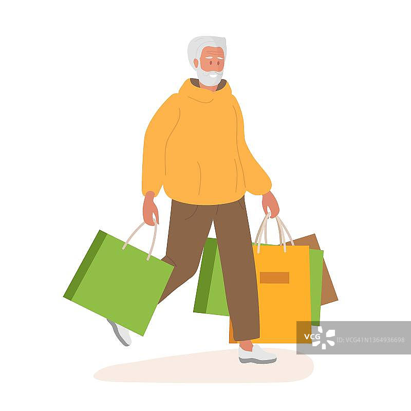 老人拿着购物包。成功购物后成熟的卡通人物。一位老人手里拿着五颜六色的购物袋。手绘矢量插图在白色背景。图片素材