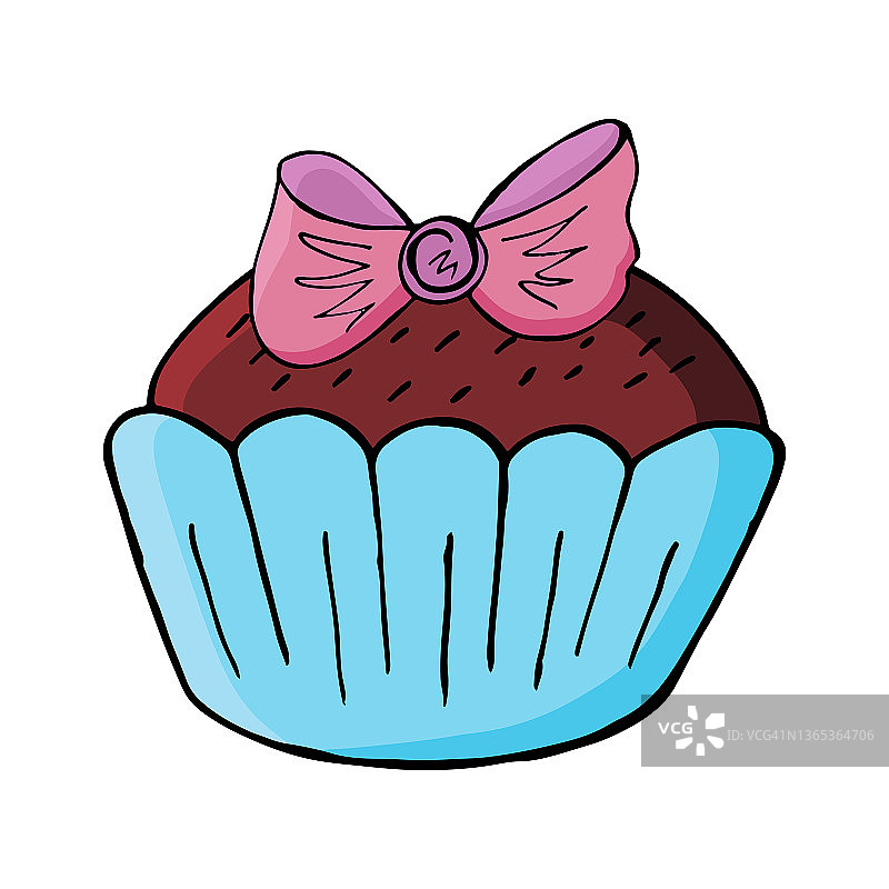 带蝴蝶结的纸杯蛋糕图标，松饼手画风格。矢量插图。甜甜的糕点，可爱的松饼。符号,图标,标签图片素材