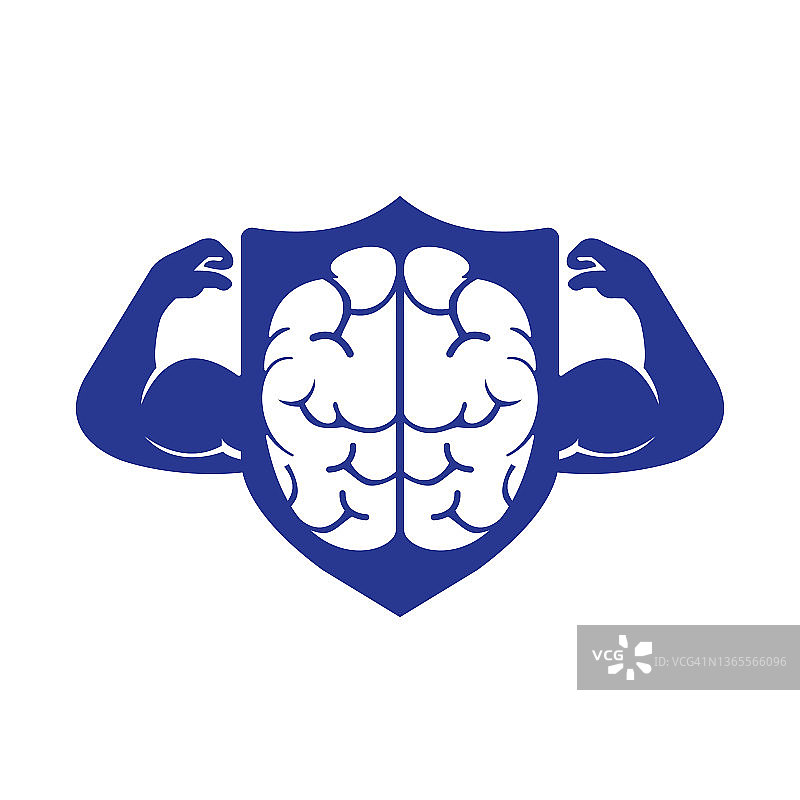 强大的脑矢量logo设计。拥有强壮的双二头肌的大脑。图片素材