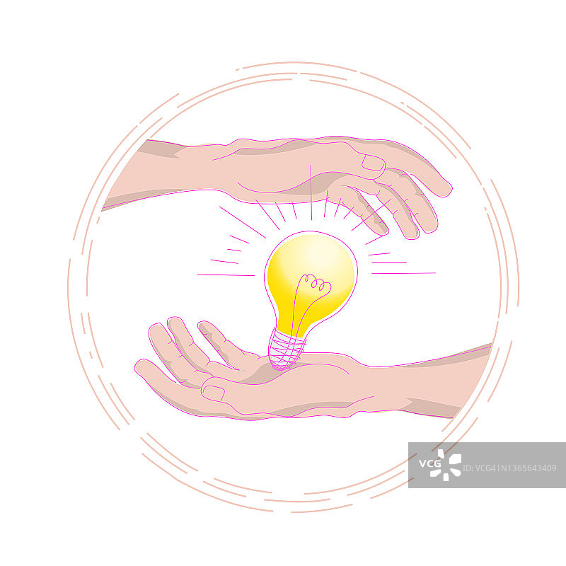 大手之间的灯泡象征着新思想。创新发明平面矢量插图。图片素材