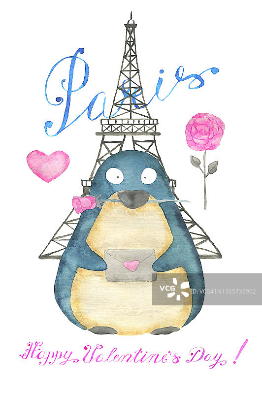 贺卡设计与可爱的卡哇伊企鹅鸟与心，埃菲尔铁塔，文字和爱的符号孤立在白色背景，情人节假期的概念图片素材