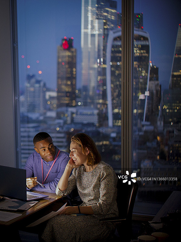 商务人士工作在笔记本电脑在高层办公室，伦敦，英国图片素材