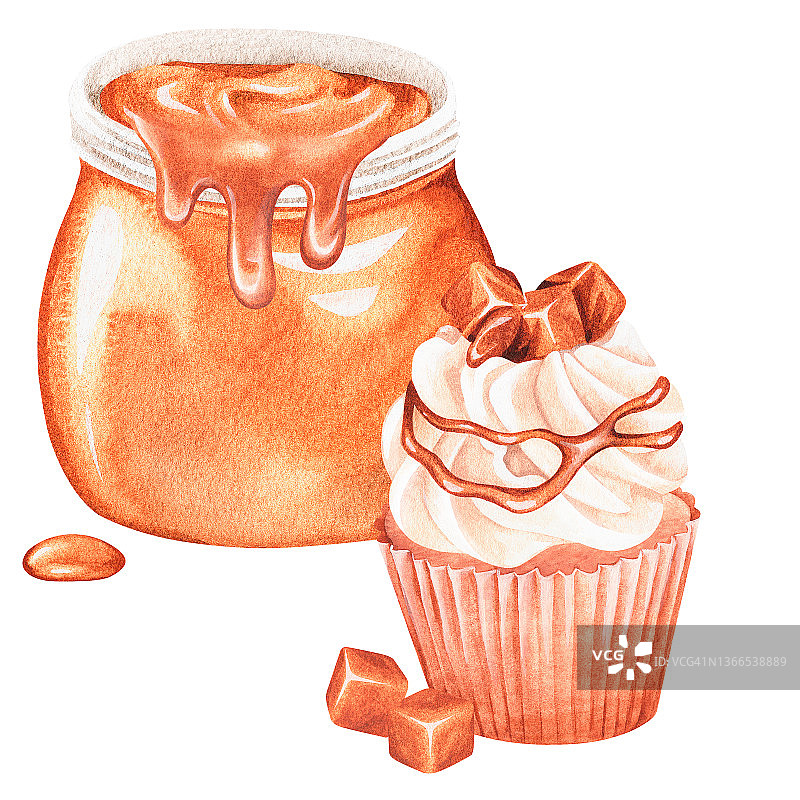 焦糖蛋糕。水彩插图。孤立在一个白色的背景。为设计。图片素材