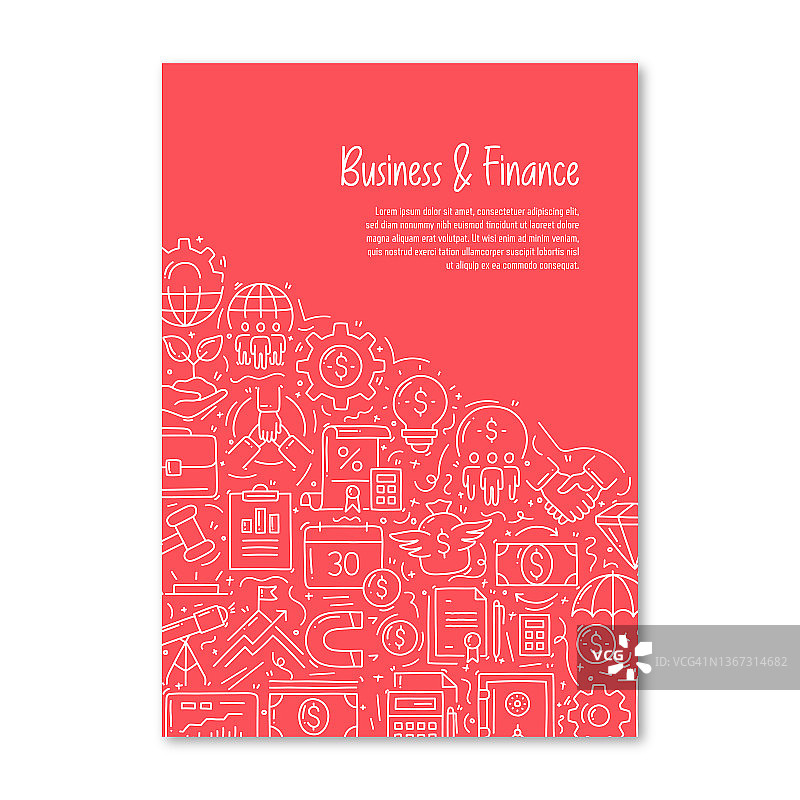 业务和金融相关的对象和元素。手绘矢量涂鸦插图集合。海报，封面模板与不同的业务和金融对象图片素材