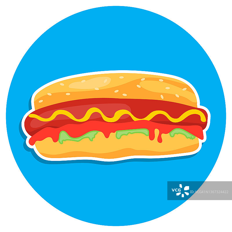 热狗，大热狗图标在蓝色背景与白色中风。向量,卡通插图。向量。图片素材