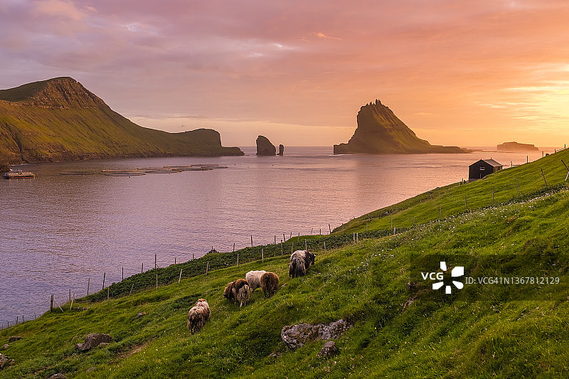 德拉格尼尔悬崖和Tindholmur岛的日落美景。丹麦法罗群岛图片素材