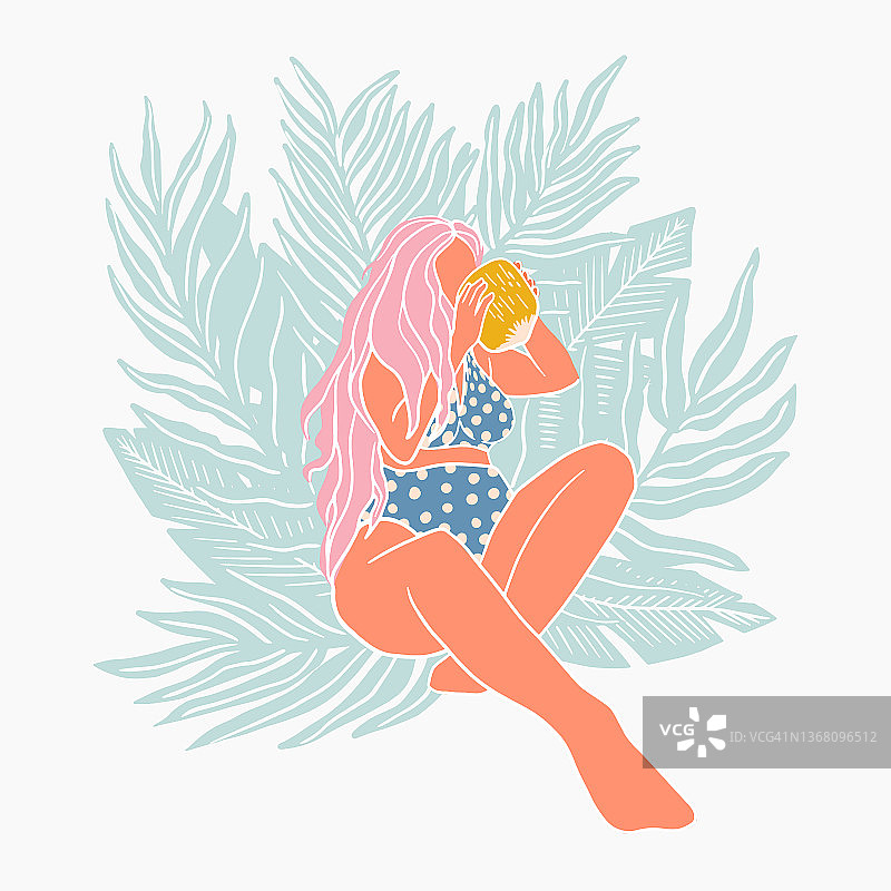 胖女孩喝椰子汁，坐在热带树叶上。身体积极的概念。迷人的超重女人在可爱的泳衣。概念脂肪接受运动无脂肪恐惧症。卡通插图图片素材