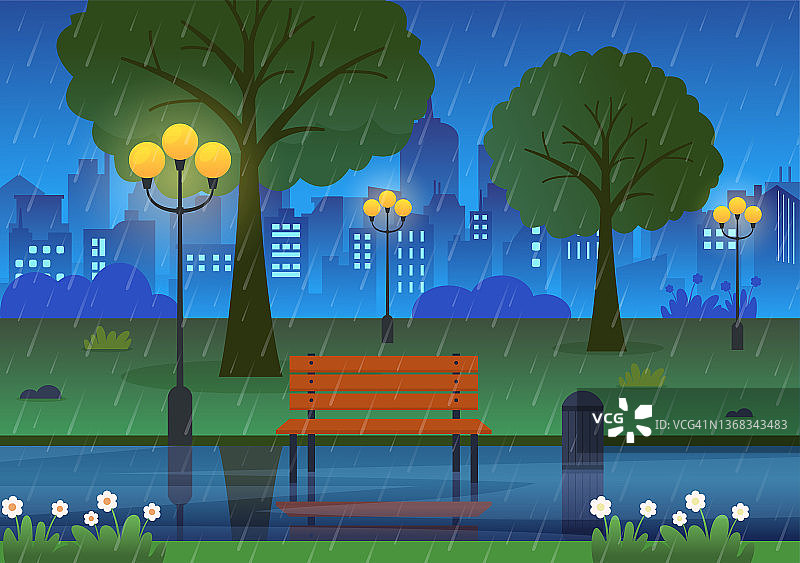 暴雨背景矢量插图在雨天与风景城市景观或公园和空的公共场所与水坑横幅或海报图片素材