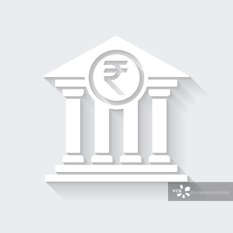 印着印度卢比的银行。图标与空白背景上的长阴影-平面设计图片素材