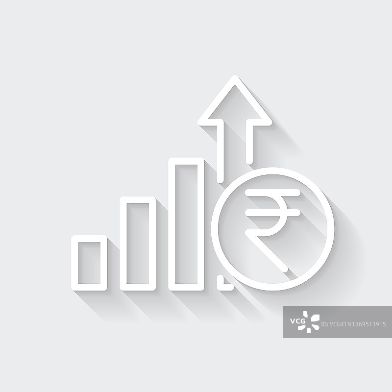 印度卢比汇率上升。图标与空白背景上的长阴影-平面设计图片素材