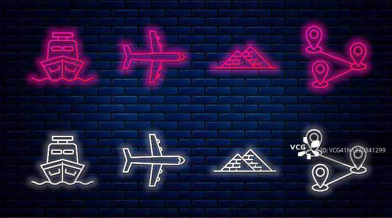 设置直线平面，埃及金字塔，船和航线位置。砖墙上闪烁的霓虹灯图标。向量图片素材