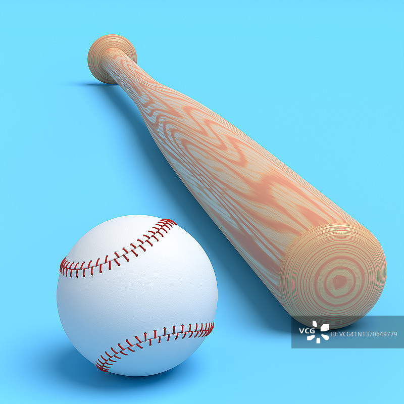 木制职业垒球或棒球棒和球的蓝色背景图片素材