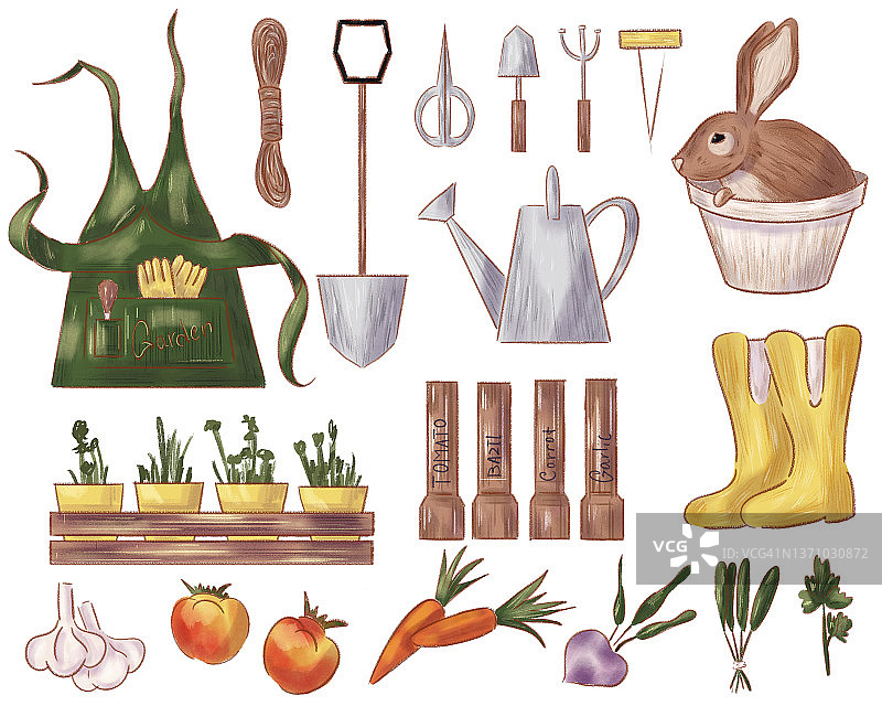 园丁设备工具和森林兔子图片素材