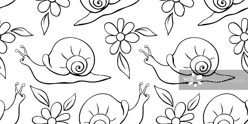 向量无缝模式的黑色轮廓蜗牛和花。涂鸦风格。鲜花草甸。以自然、春夏、儿童为主题的可爱纹理图片素材