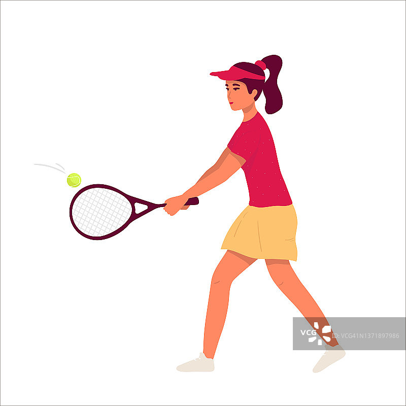 女人打网球。平的性格。矢量插图。女运动员打网球。孤立的抱怨。参加锦标赛或训练的女子图片素材