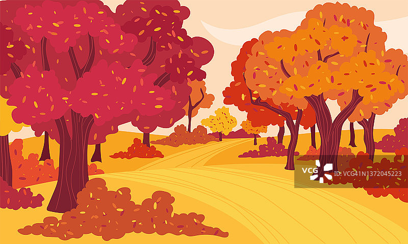 色彩斑斓的秋天景观树木之间的路径向量图片素材