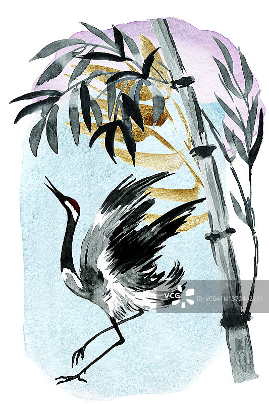 日本鸟类。鹭、吞咽、水彩绘画。海报和明信片。图片素材