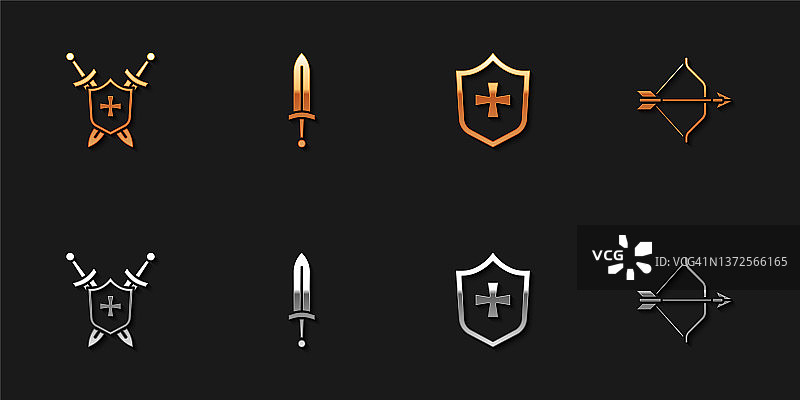 设置中世纪盾牌与剑，，盾牌和弓和箭的图标。向量图片素材