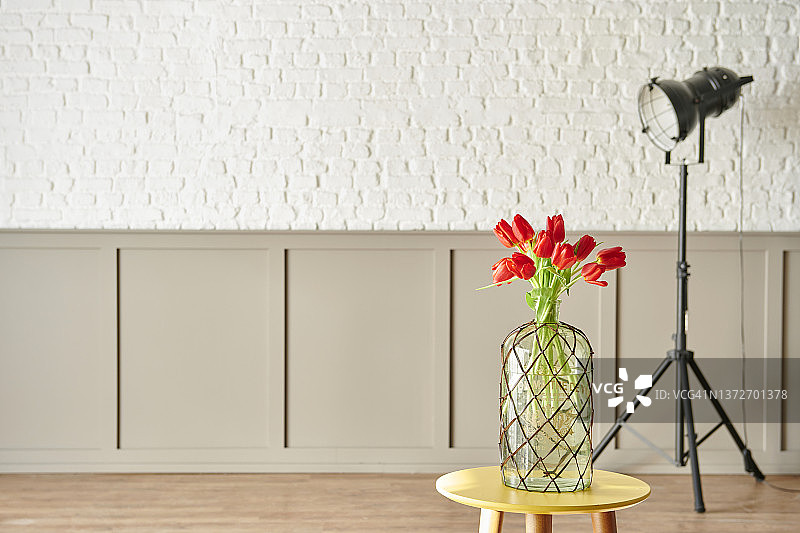 室内花瓶里的红色郁金香，装饰室内墙壁的背景风格。图片素材