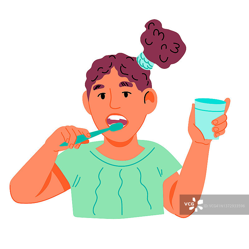 小女孩在刷牙。孩子遵守牙齿和口腔卫生的规则。图片素材