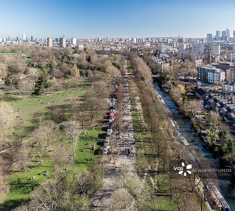 无人机视角下的伦敦维多利亚公园食品市场图片素材