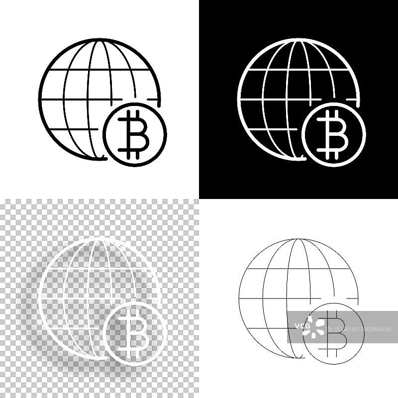 环球与比特币标志。图标设计。空白，白色和黑色背景-线图标图片素材