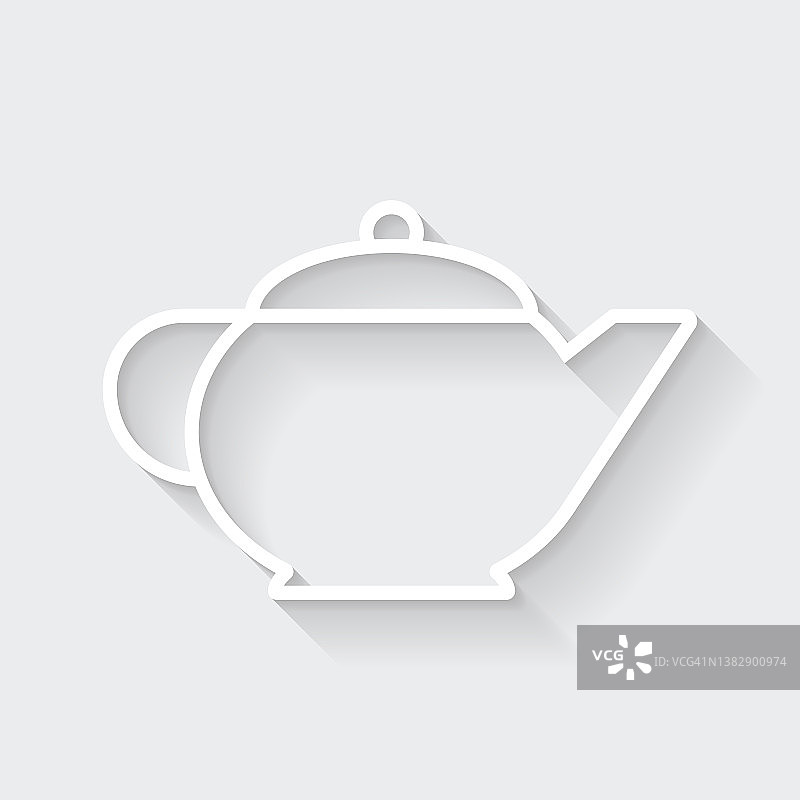 茶壶。图标与空白背景上的长阴影-平面设计图片素材