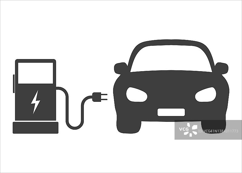 电动汽车泵图标，充电站充电，汽车混合动力插头，绿色能源概念，白色背景上的细线网符号-可编辑的笔画矢量插图图片素材
