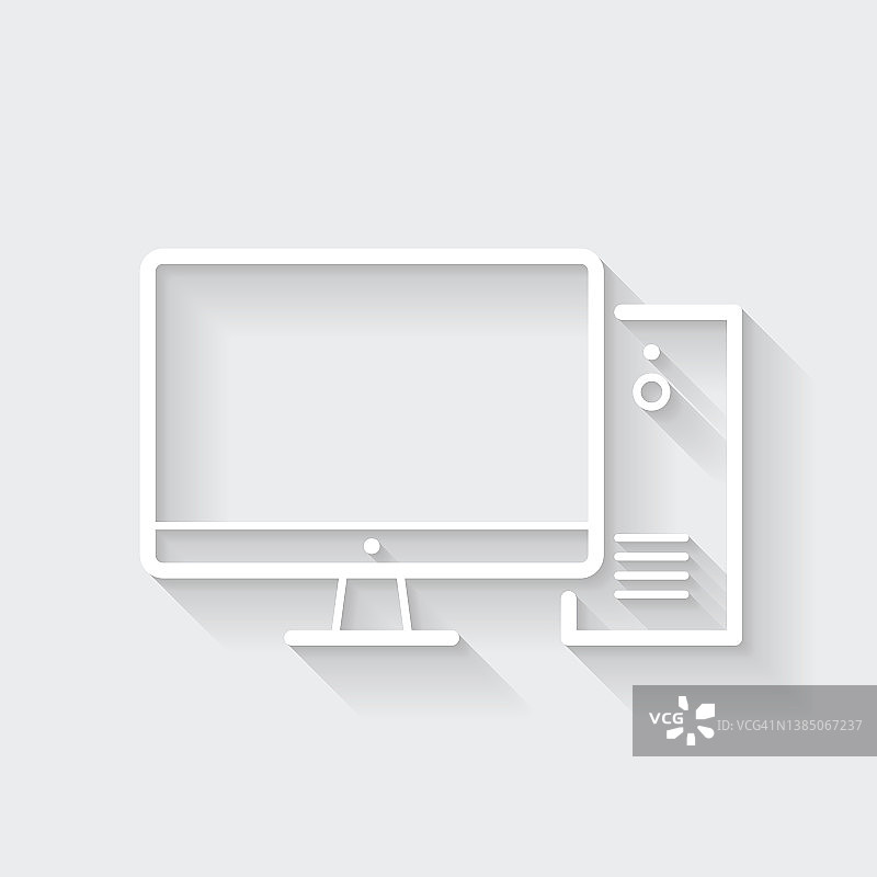台式电脑。图标与空白背景上的长阴影-平面设计图片素材