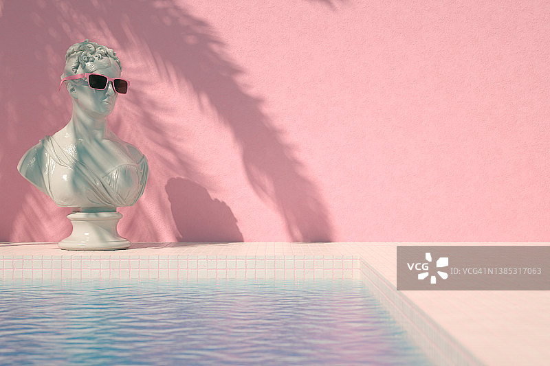 半身像雕塑带着太阳镜在游泳池度假旅游的背景棕榈树的阴影图片素材