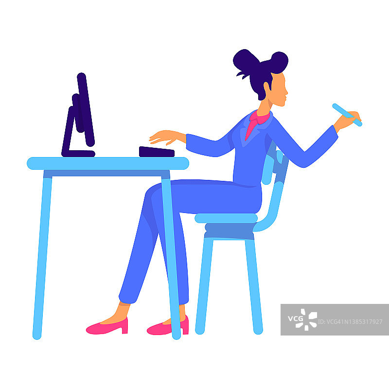 自信的办公室女士坐在桌子的半平面颜色矢量字符。全身人在白色。女商人。现代女性简单卡通风格的网页平面设计和动画插图图片素材