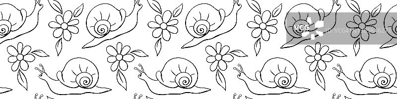 向量无缝模式的黑色轮廓蜗牛和花。鲜花草甸。可爱的纹理主题自然图片素材