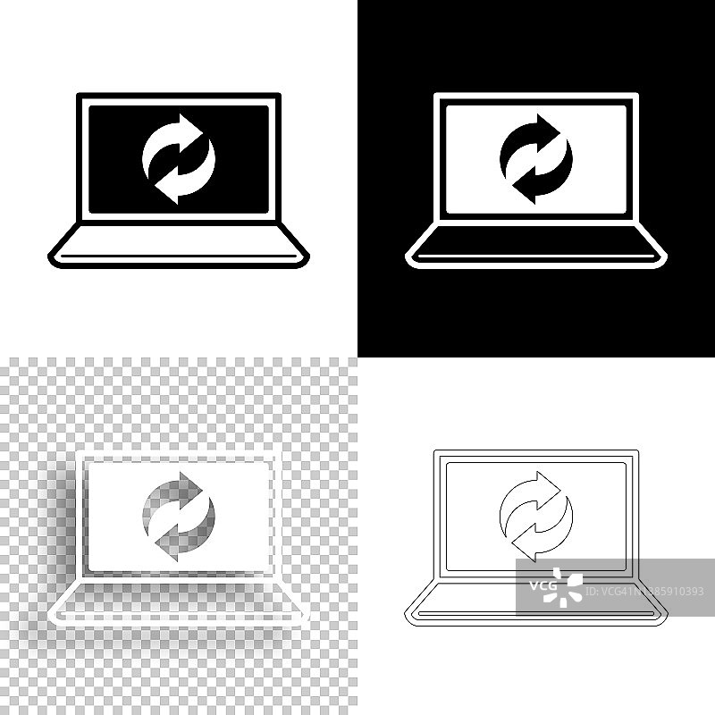 回收符号在笔记本电脑上。图标设计。空白，白色和黑色背景-线图标图片素材