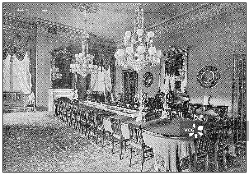 古色古香的美国华盛顿黑白照片:白宫，国宴厅图片素材