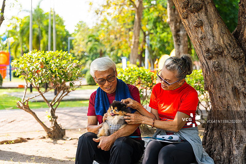 一对老年夫妇穿着运动服，用数码平板电脑和狗狗一起坐在公园里图片素材