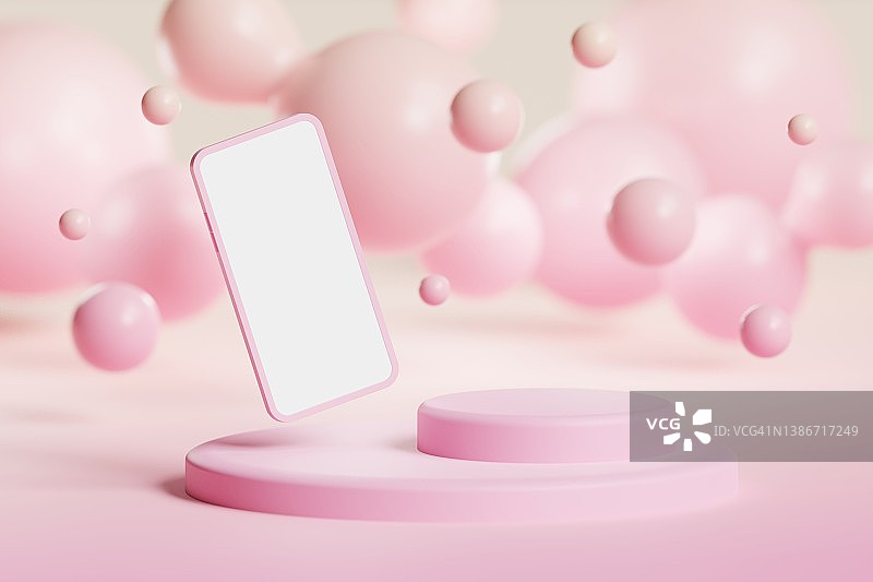 会飞的智能手机，粉红色的彩球背景上有一个平台。化妆品交付模型3d插图图片素材
