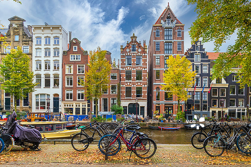 荷兰阿姆斯特丹，停在运河旁的自行车图片素材