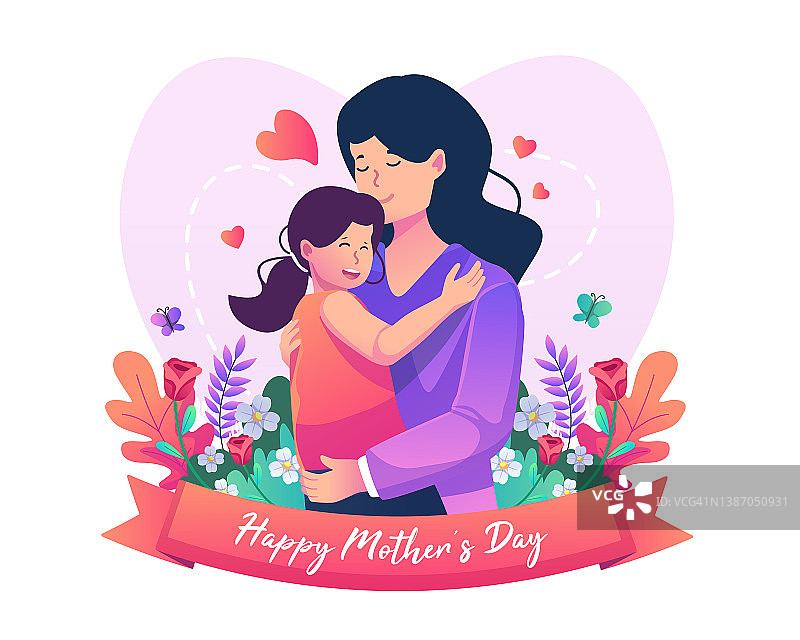 妈妈和她可爱的女儿拥抱在一起，充满了爱。母亲节快乐。平面样式矢量插图图片素材