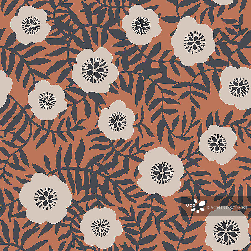 罂粟花的背景。无缝花图案与草甸花的芽，叶和树枝。现代平面风格的植物背景。花的轮廓。纺织设计和面料的时装印花。图片素材