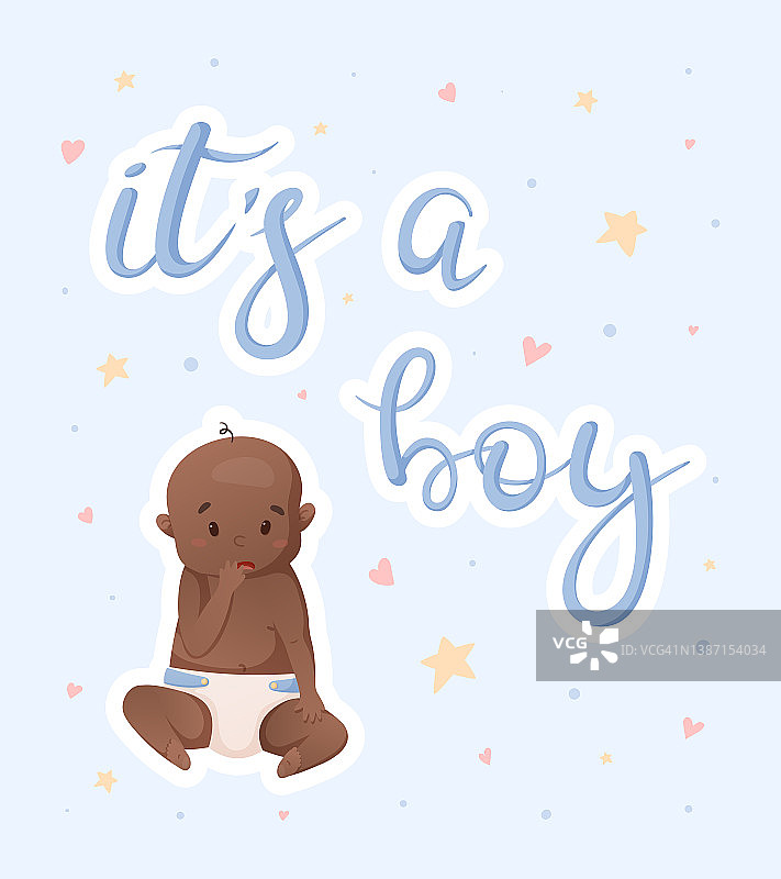 矢量明信片或横幅上有一个刚出生的非裔美国男孩，上面写着一个男孩。图片素材