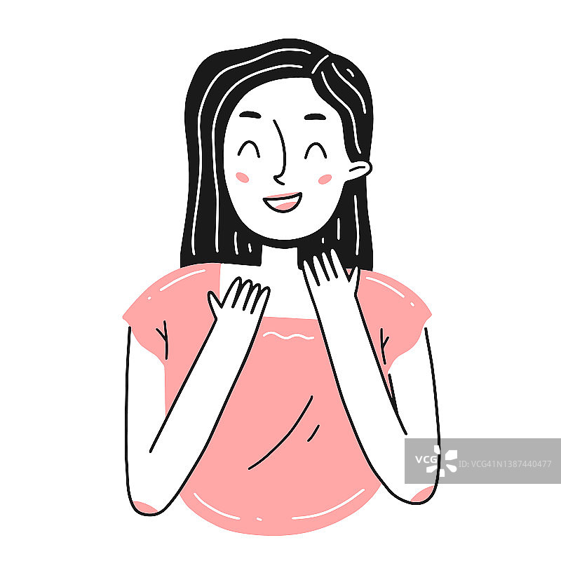 一个年轻快乐的女孩的肖像在一个简单的线性涂鸦风格。向量孤立的插图。图片素材