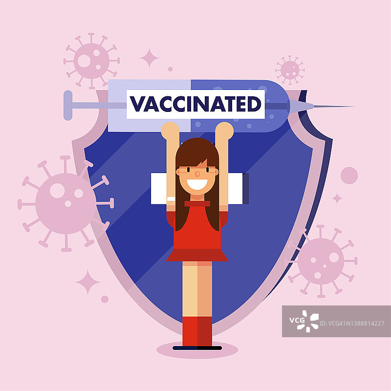 疫苗接种运动卫生保健冠状病毒冠状病毒女孩医疗盾注射疫苗载体设计图片素材
