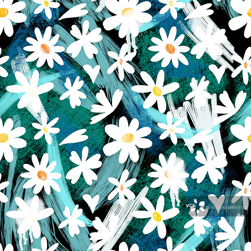 杂乱的无缝花图案。卡通风格的简单花朵。花蕾剪影在抽象的笔画背景上的所有印刷。小草地植物。平坦的夏季植物样本。图片素材