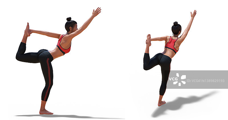 背部四分之三和右侧面的姿势，一个女人在瑜伽舞者的姿势在白色图片素材