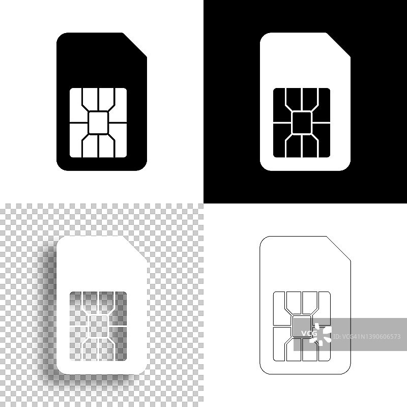 SIM卡。图标设计。空白，白色和黑色背景-线图标图片素材